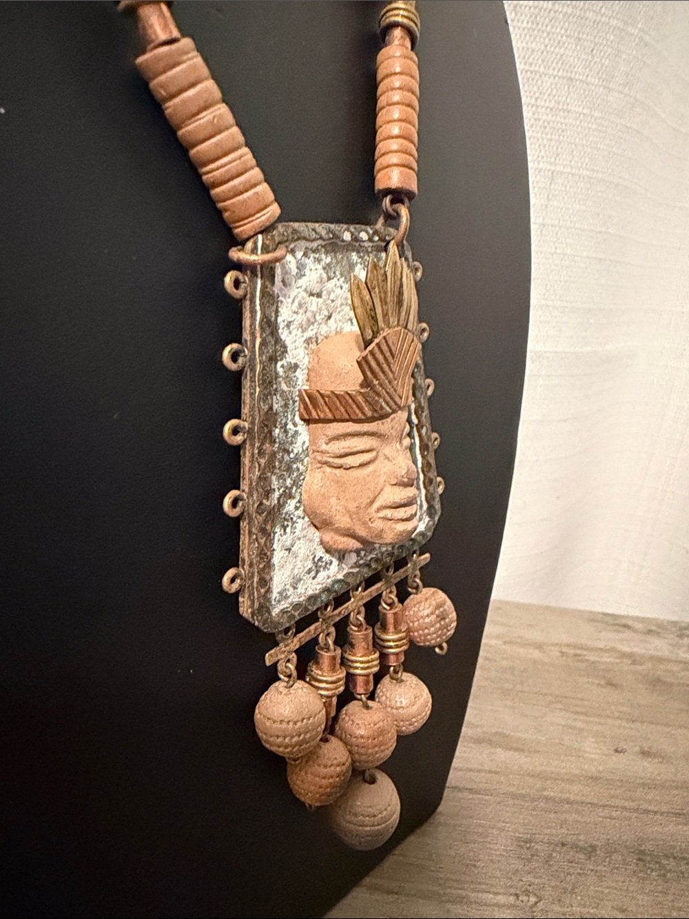 Vintage Casa Maya Mexico mixed-metal carved clay pendant necklace #B82 - Picture 13 of 13